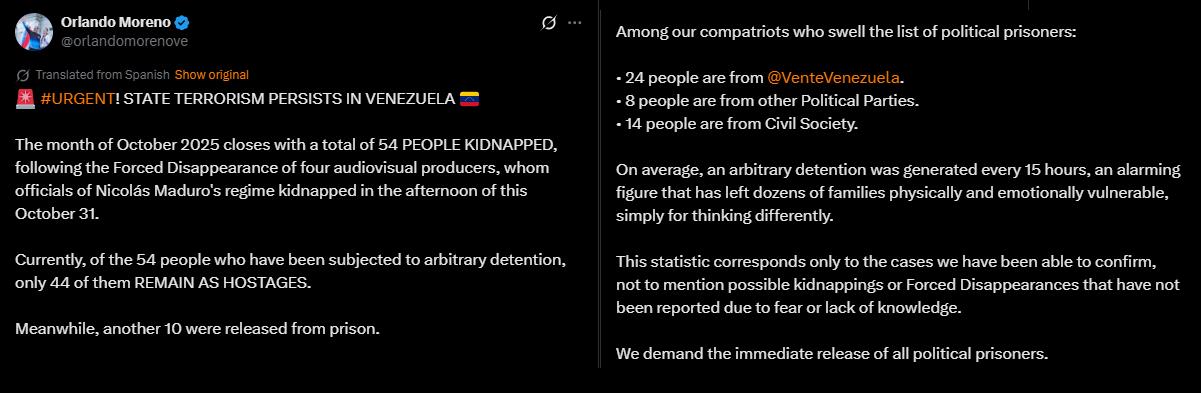 Urgent announcement highlighting the ongoing state terrorism in Venezuela, detailing the kidnapping of 54 individuals and the plight of political prisoners.
