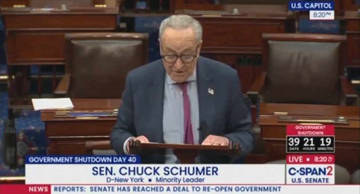 Senator Chuck Schumer addresses the Senate during a government shutdown, highlighting the urgency of reaching a resolution to reopen the government.