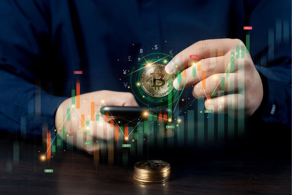 Person analyzing cryptocurrency trends on a smartphone with Bitcoin graphics and trading charts in the background.