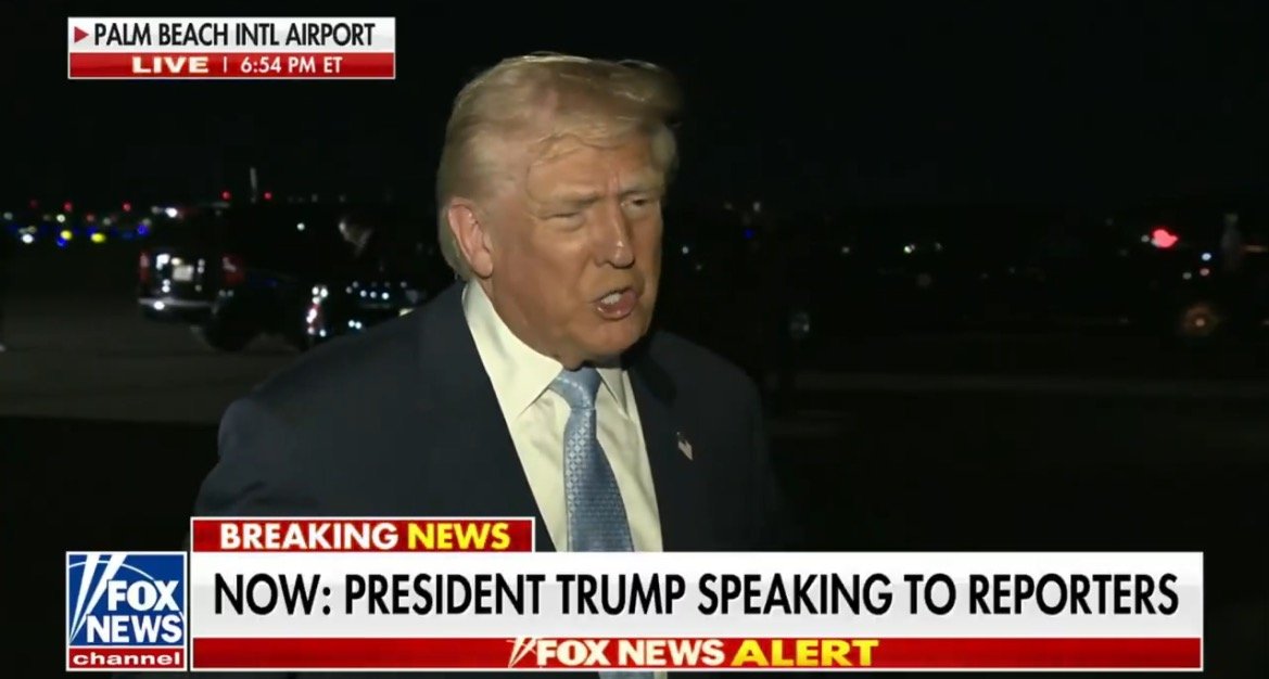 President Trump speaks to reporters at Palm Beach International Airport during a live broadcast on Fox News.