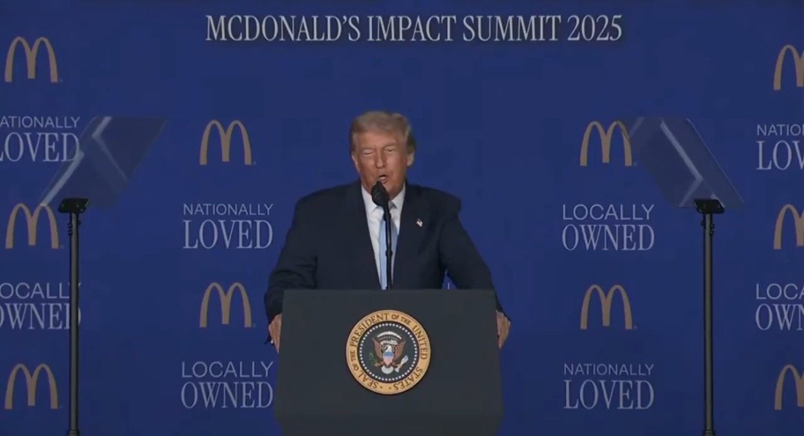 Donald Trump speaking at McDonald's Impact Summit 2025, highlighting themes of local ownership and national affection for the brand.