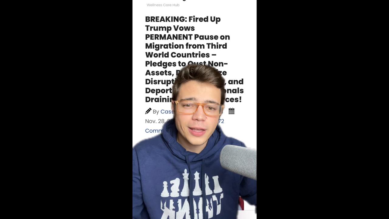 Person discussing Trump's vow for a permanent pause on migration from third-world countries, highlighting non-assets and deportation issues.