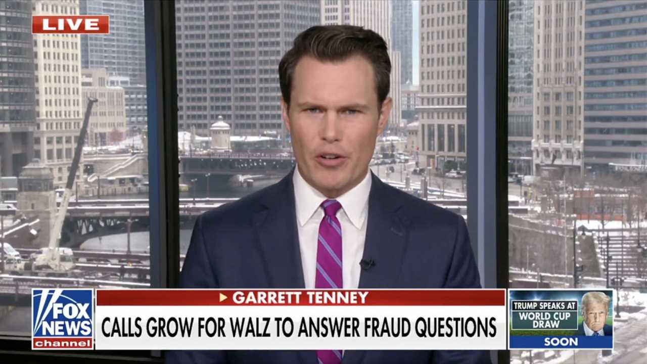 Fox News host Garrett Tenney reports live from downtown Chicago, discussing calls for Governor Walz to address fraud questions, with a city skyline backdrop.