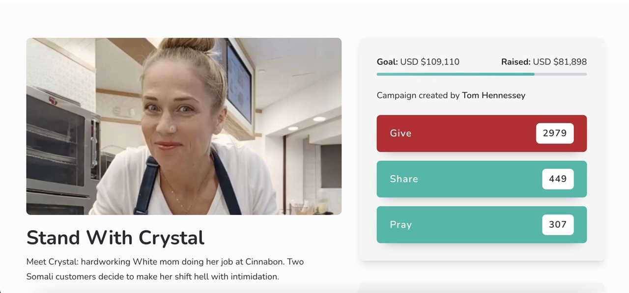 Cinnabon employee Crystal shares her story amid intimidation from customers, highlighting the fundraising campaign for her support.