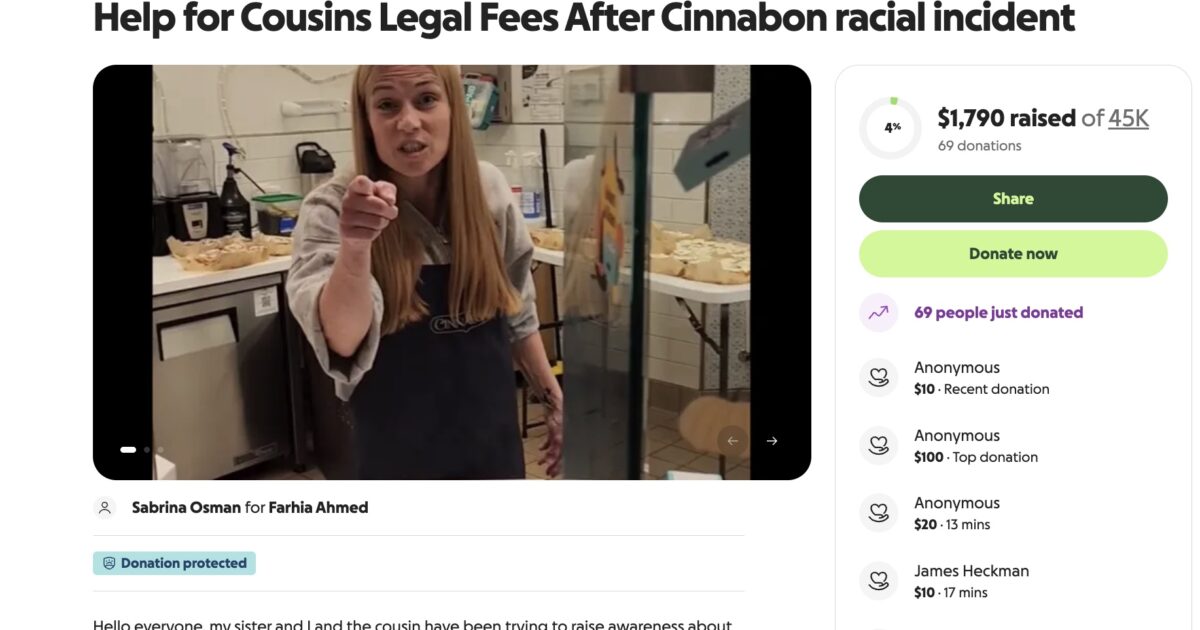 Woman speaking passionately about a racial incident at a Cinnabon store, urging for support and donations for legal fees.