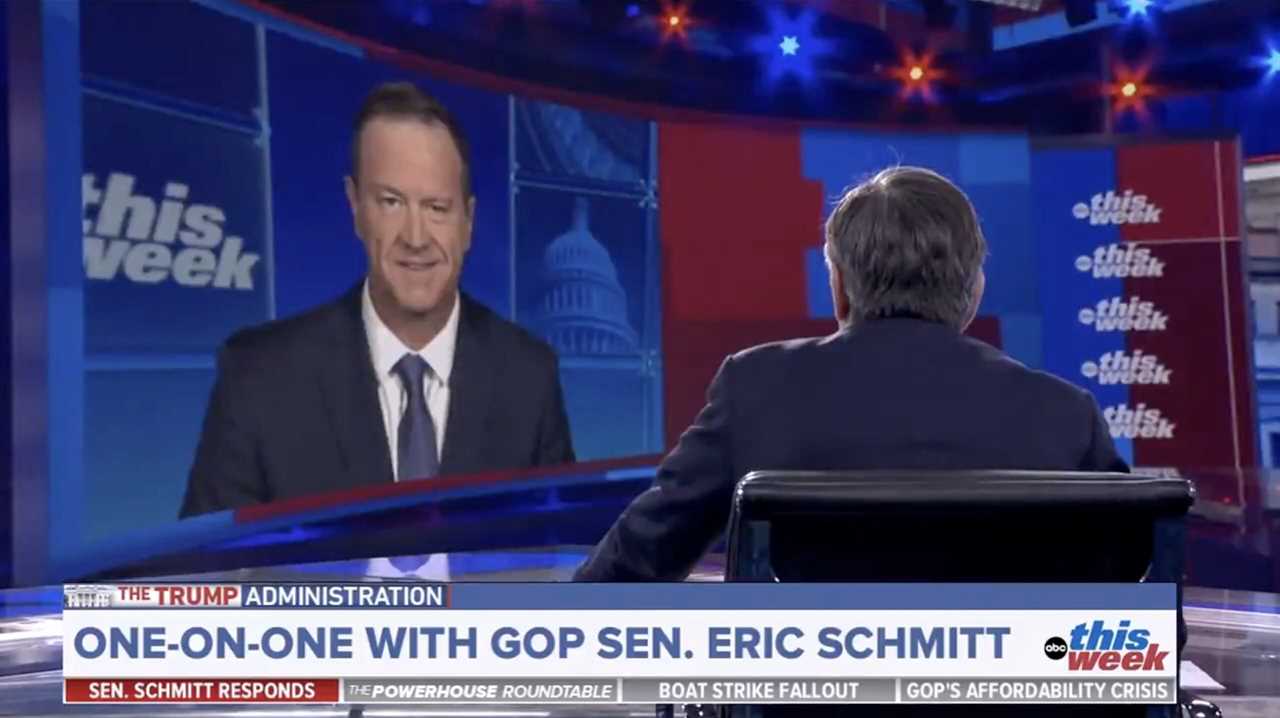 GOP Senator Eric Schmitt discusses policy issues during an interview on the This Week television program.