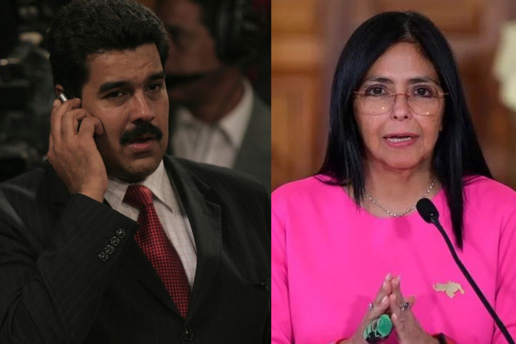 Venezuelan leaders Nicolas Maduro and Delcy Rodriguez engaged in discussions during a press conference, highlighting key political topics.