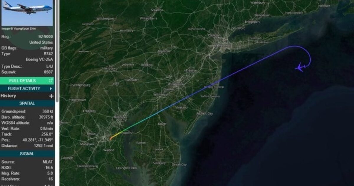 Flight tracking map showing a Boeing 747 military aircraft's flight path over the northeastern United States, including altitude and position data.