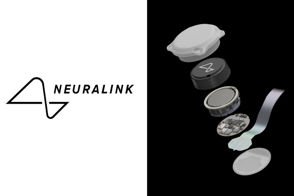 Neuralink logo with an exploded view of its brain-machine interface components, showcasing innovation in neurotechnology and digital health solutions.