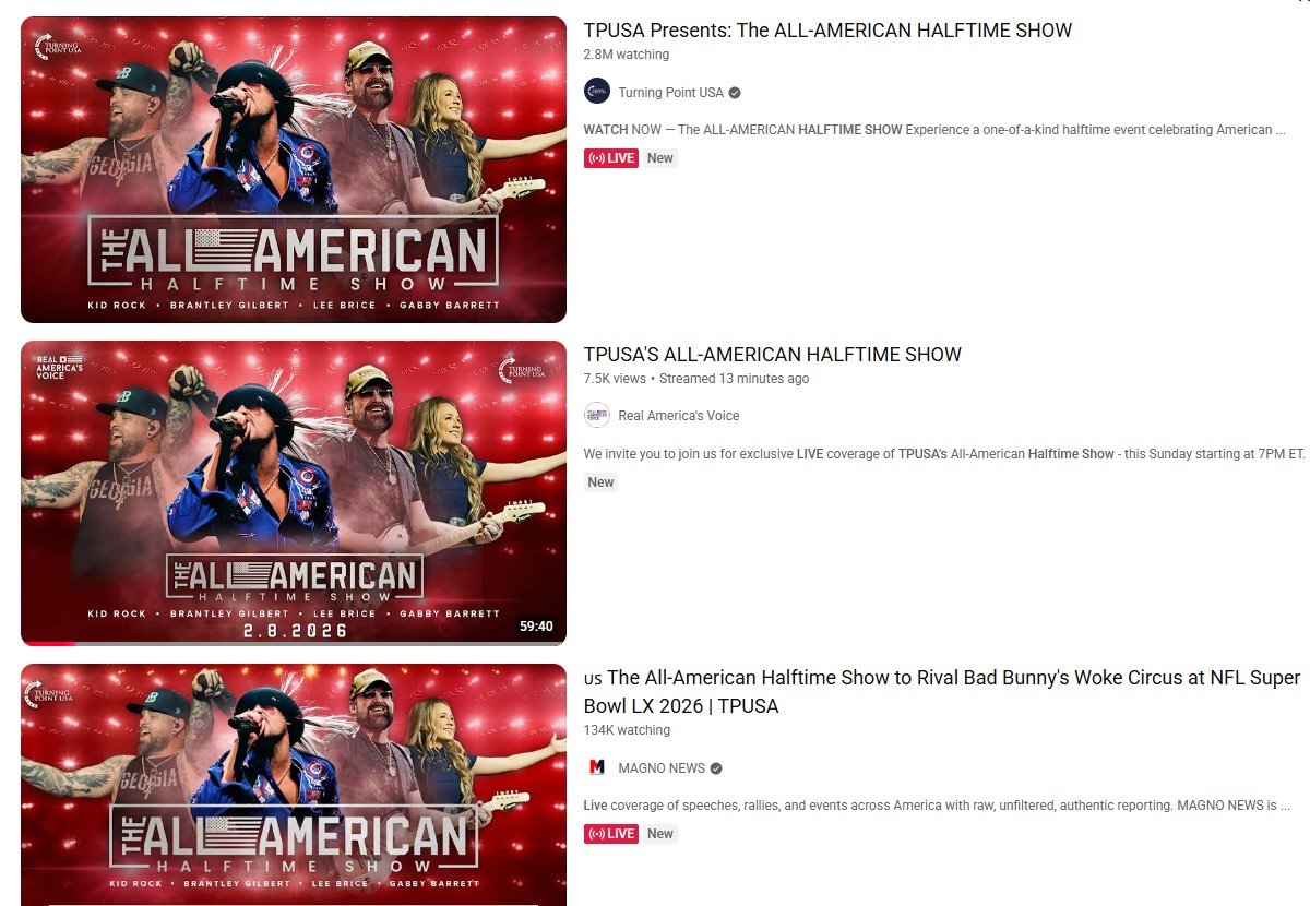Promotional image for TPUSA's All-American Halftime Show featuring artists Kid Rock, Brantley Gilbert, Lee Brice, and Gabby Barrett, celebrating American culture and music.