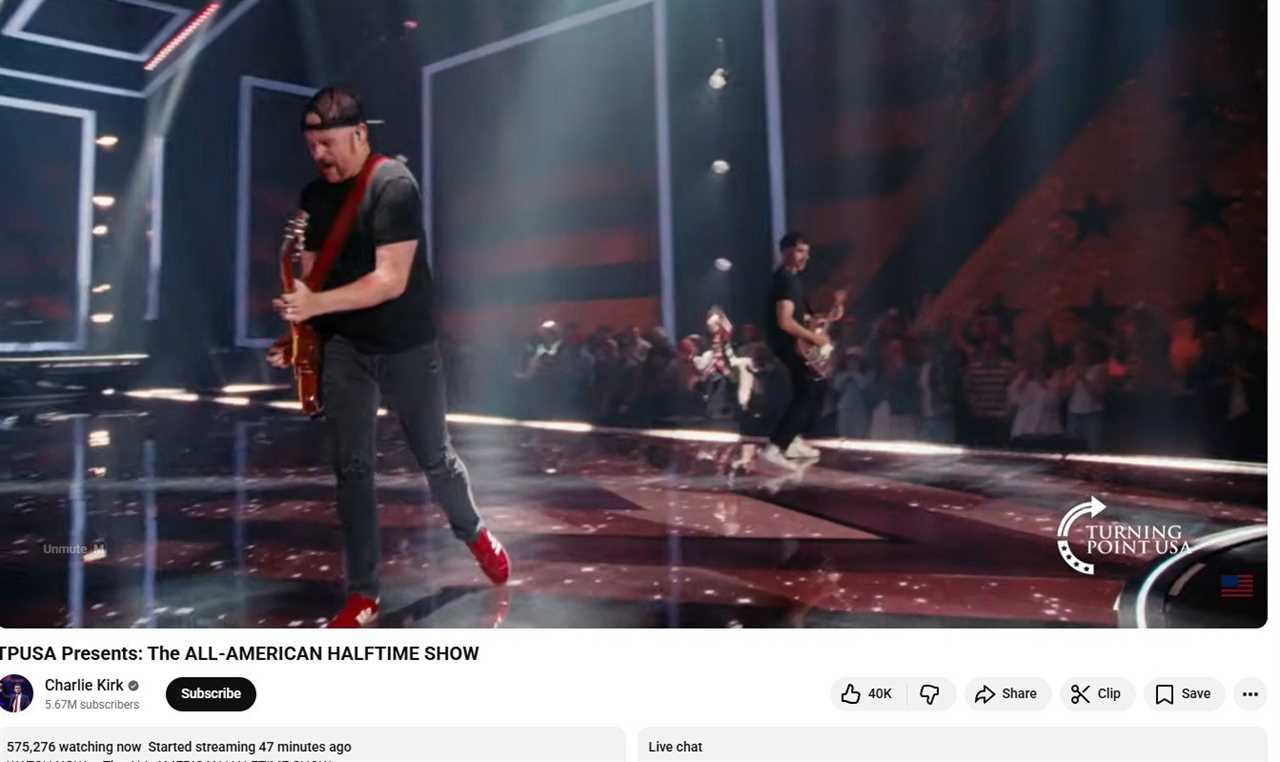 Musicians performing live on stage during the All-American Halftime Show with a vibrant audience in the background.