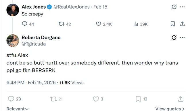 Twitter exchange between Alex Jones and Roberta Dorgano discussing reactions to social issues, highlighting tensions in online discourse.