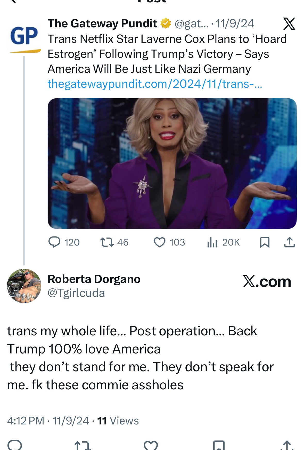 Laverne Cox discusses her views on politics and identity in a post, highlighting her support for Trump and expressing frustrations with certain groups.