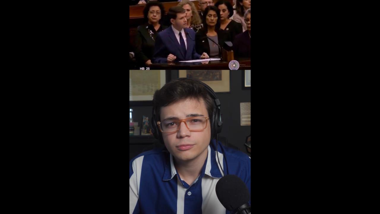 A split image showing a speaker at a legislative session above and a young man in headphones and a blue shirt looking thoughtfully below.
