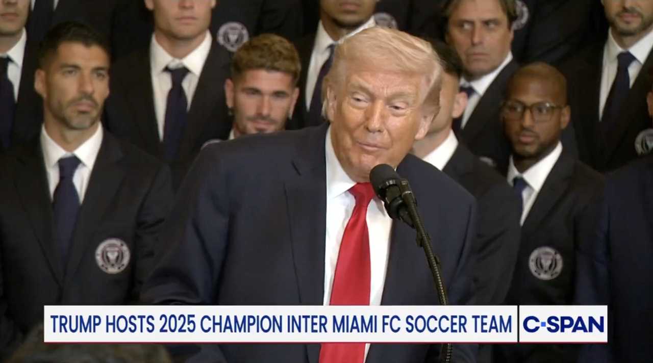 Donald Trump speaks at an event honoring the 2025 champion Inter Miami FC soccer team, with team members in attendance.