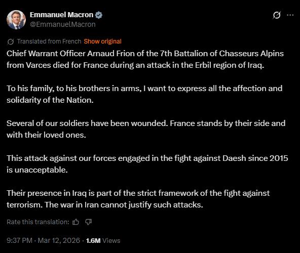 Emmanuel Macron expresses condolences for the death of Chief Warrant Officer Arnaud Frion during an attack in Erbil, Iraq, highlighting France's commitment to its soldiers and opposition to terrorism.