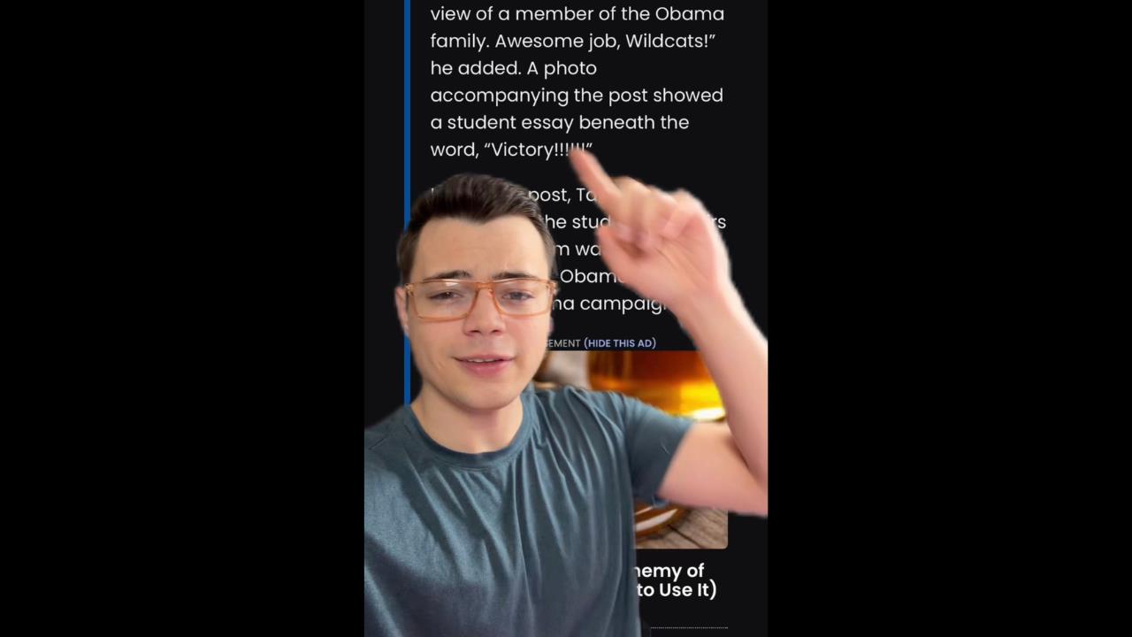 Young man with glasses pointing upwards, looking engaged, with a text background discussing a student essay related to the Obama family and a campaign.