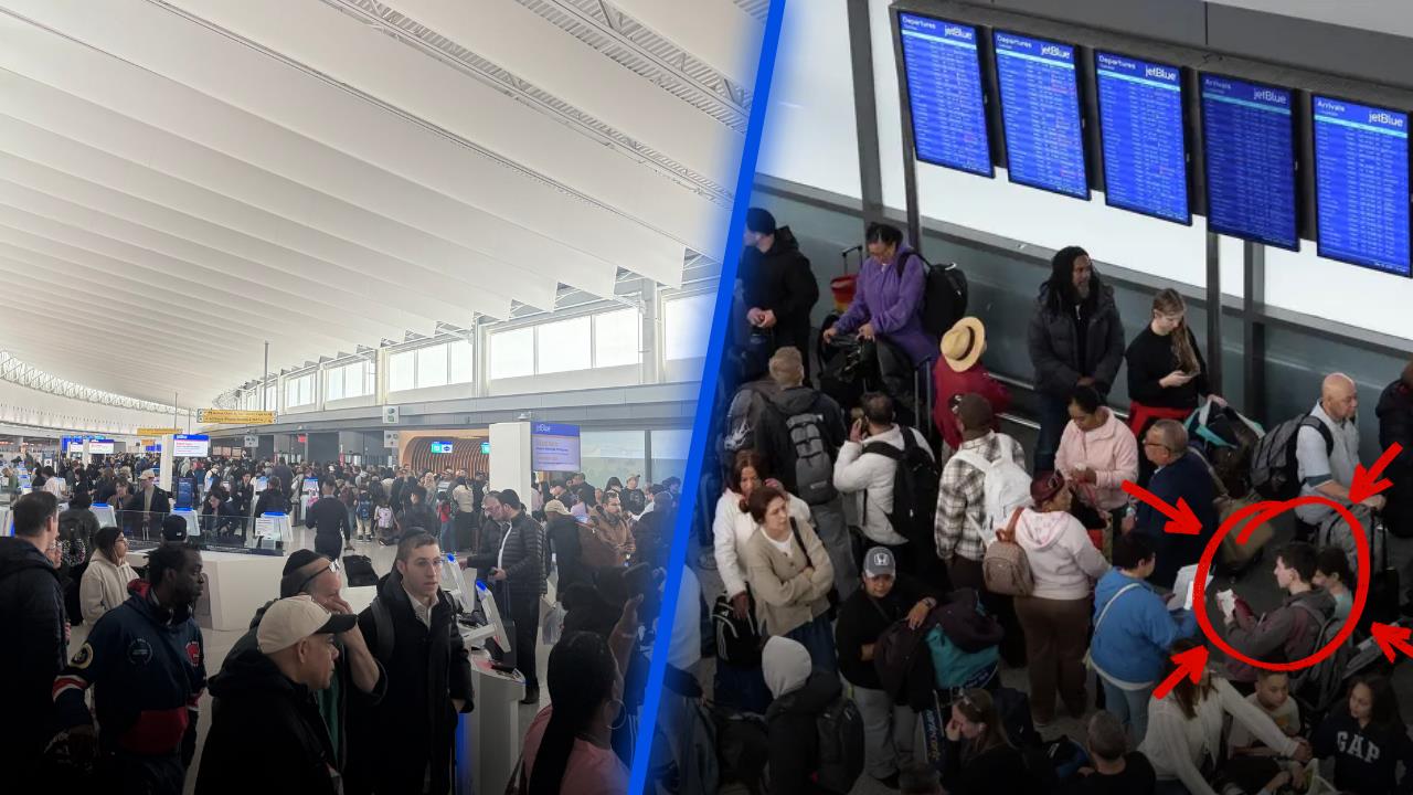 Busy airport scene showing long lines at check-in and crowded areas near departure boards, highlighting travel delays and passenger congestion.
