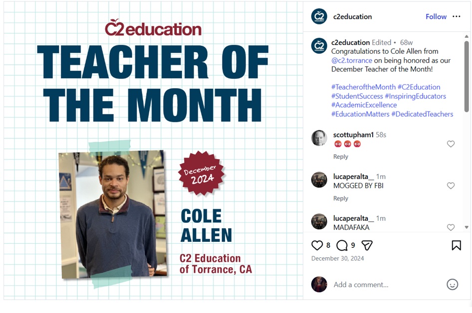 Cole Allen, December 2024 Teacher of the Month at C2 Education in Torrance, CA, recognized for outstanding contributions to student success.