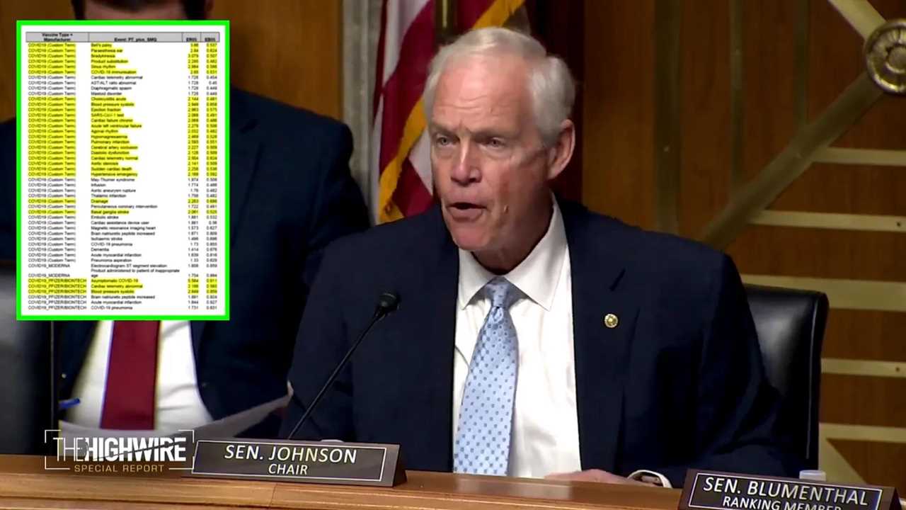 Senator Ron Johnson speaks during a congressional hearing, addressing vaccine-related data displayed on a screen behind him, while Senator Richard Blumenthal sits nearby.