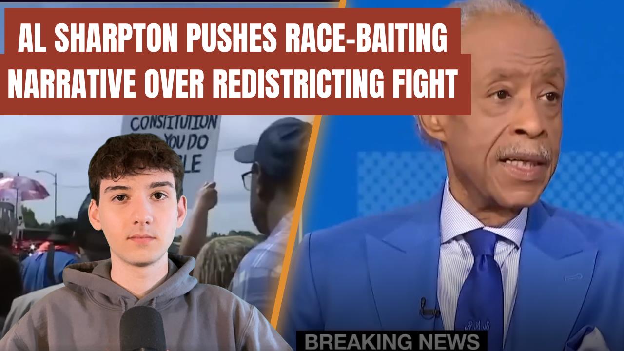 Al Sharpton discusses race-baiting narratives in a redistricting debate, with protestors visible in the background holding signs.