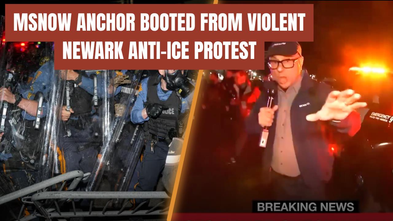 MSNOW anchor reports live from a chaotic anti-ICE protest in Newark, featuring police in riot gear and emergency vehicles in the background.