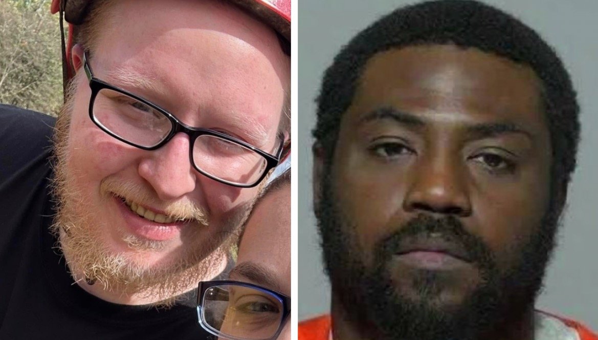 Image split showing a smiling man with glasses on the left and a serious man in an orange jumpsuit on the right, highlighting contrasting expressions and contexts.