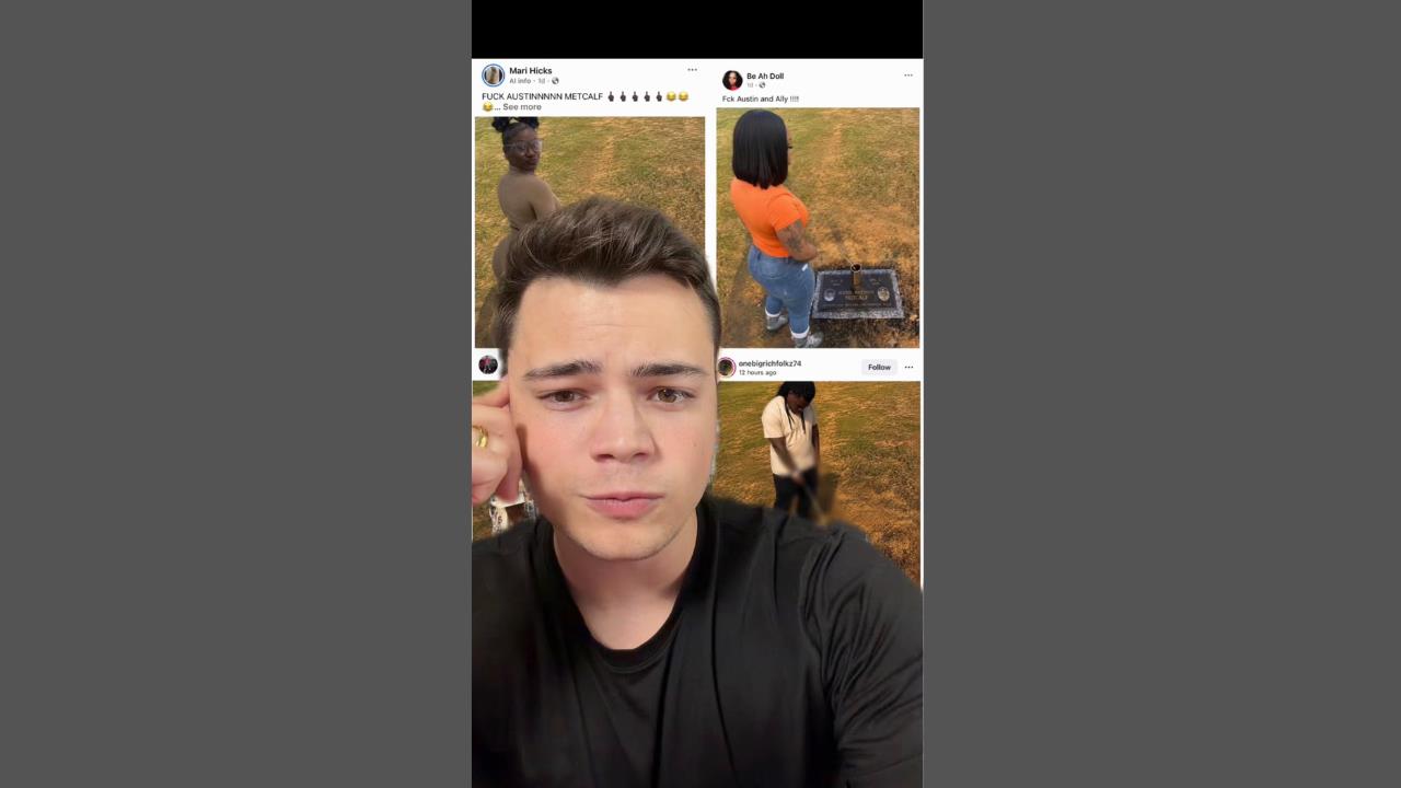 Young man with short hair looking thoughtful, surrounded by social media posts featuring friends in various outdoor settings, including a grave marker.