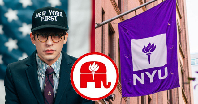 Young man in a New York First cap poses beside NYU flag and Republican elephant logo, symbolizing political engagement and education.