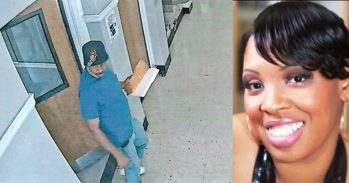 Surveillance image of a man in a blue shirt and hat near a doorway, possibly related to an investigation involving a woman.