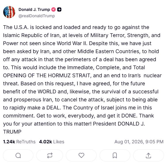 President Trump Announces Perimeters of Peace Deal with Iran Has Been Agreed To – Halts All Planned US Airstrikes on Iran